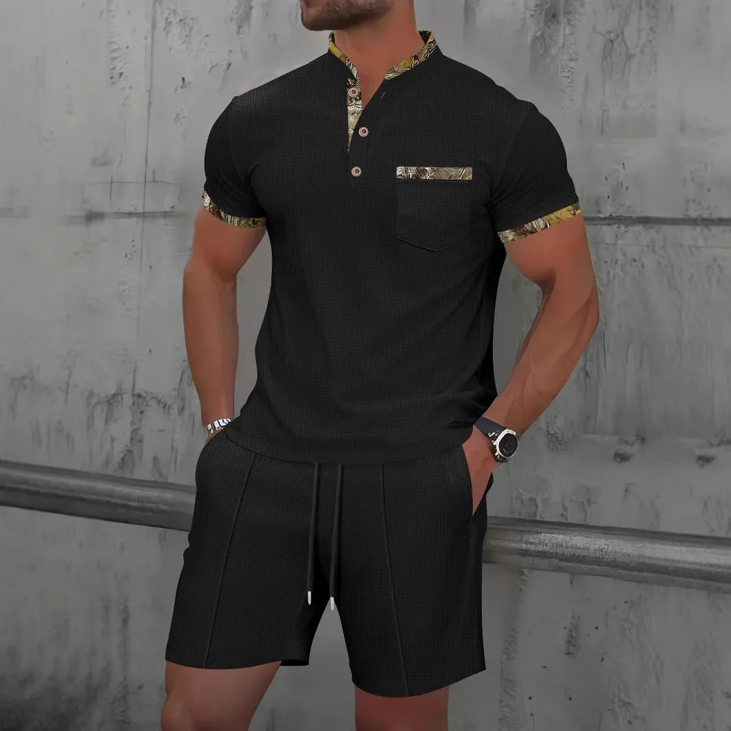 Men's grey zip-front polo short sleeve top and matching shorts, a cotton blend summer suit set.