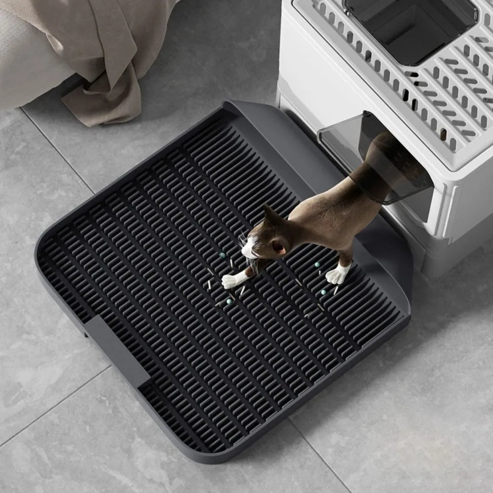 Large square black cat litter pedal with slanted mouth design and textured surface