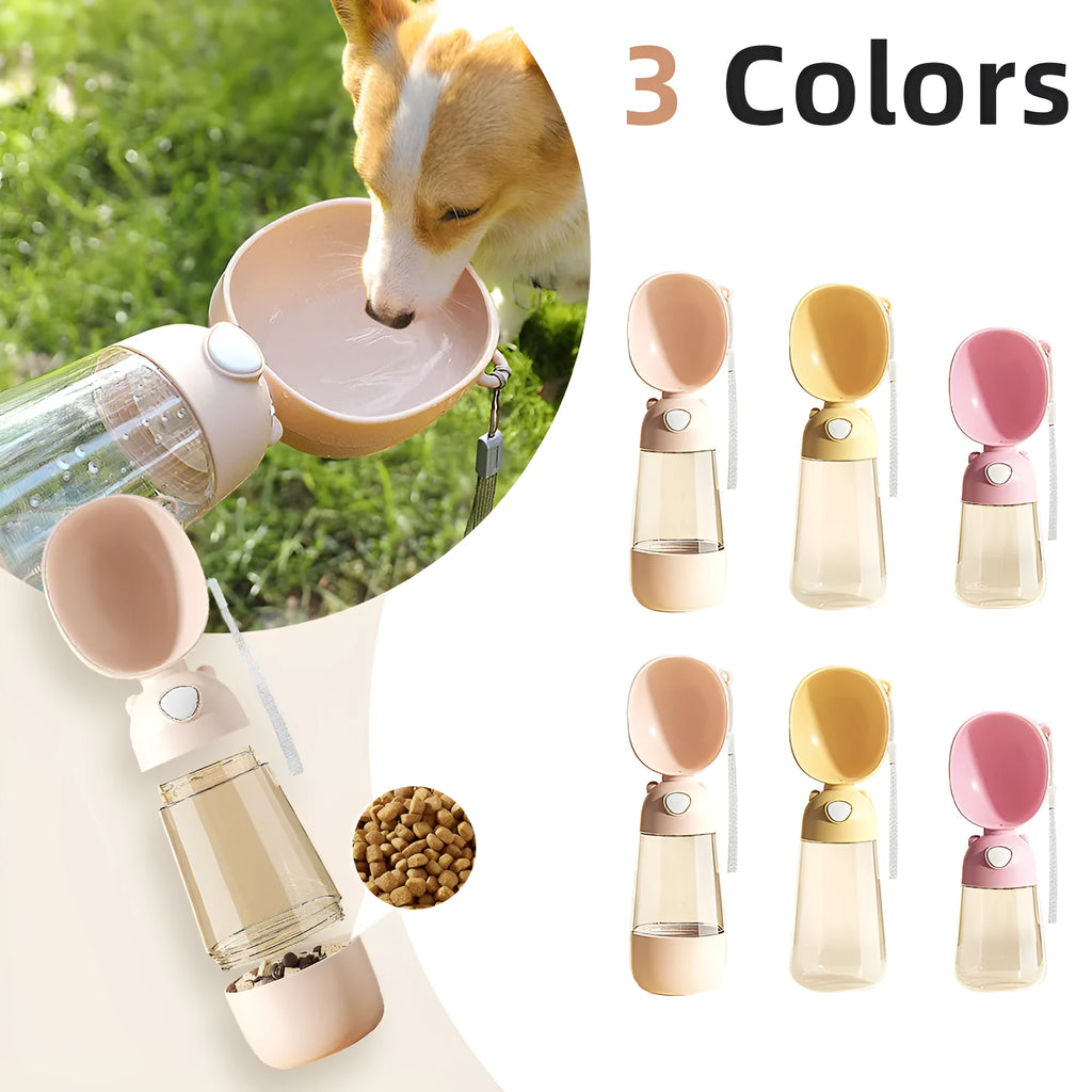 Portable dog water bottle and food container with built-in bowl in yellow, pink or brown colours