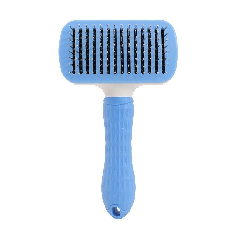 Blue self-cleaning pet comb with fine stainless steel teeth and rubber body on white background