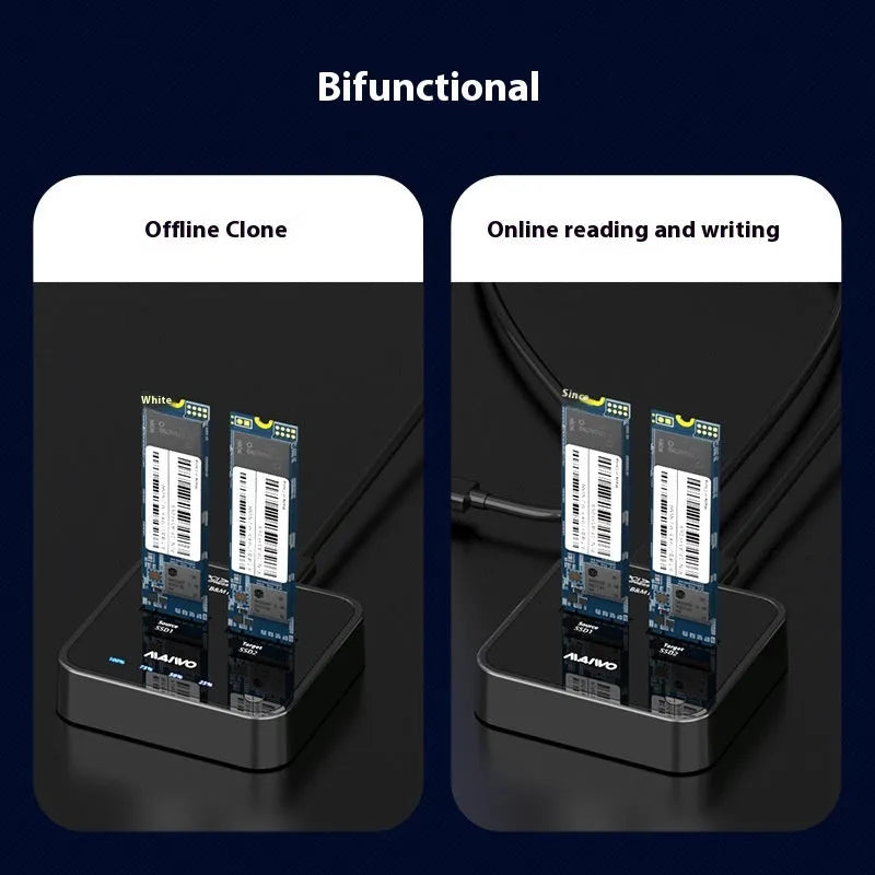MAIWO K3016 M.2 SSD hard disk docking station with data cables and power adapter on a desk.