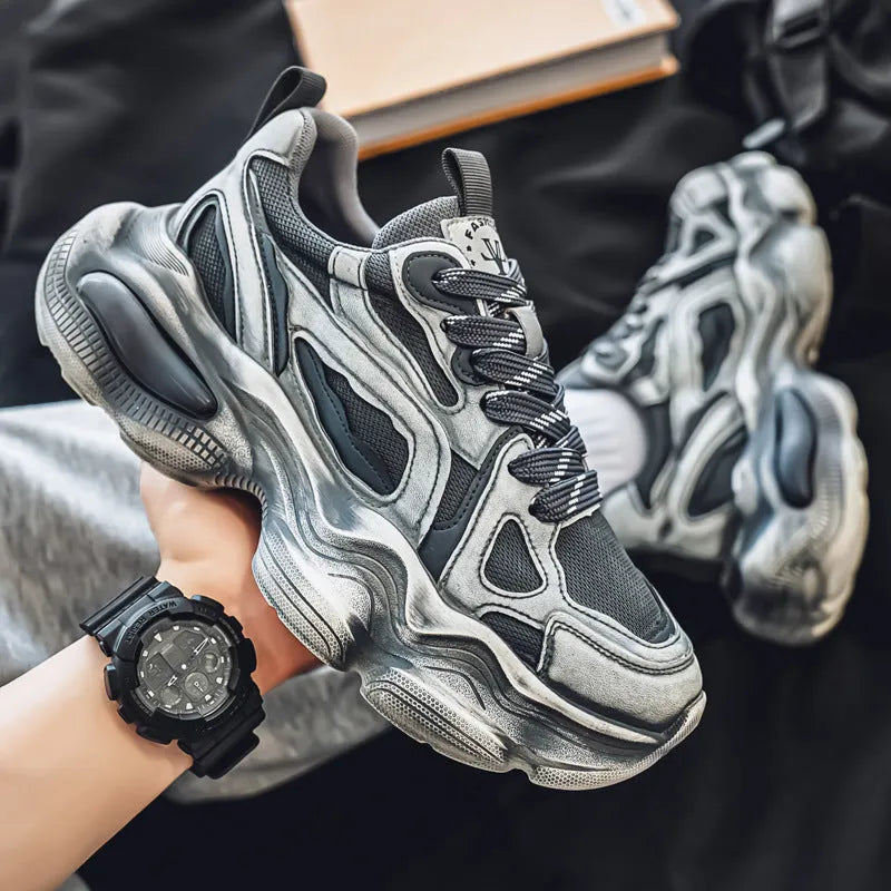 Men's mesh casual height increasing sneakers with colour brush detail in black, gray, and white