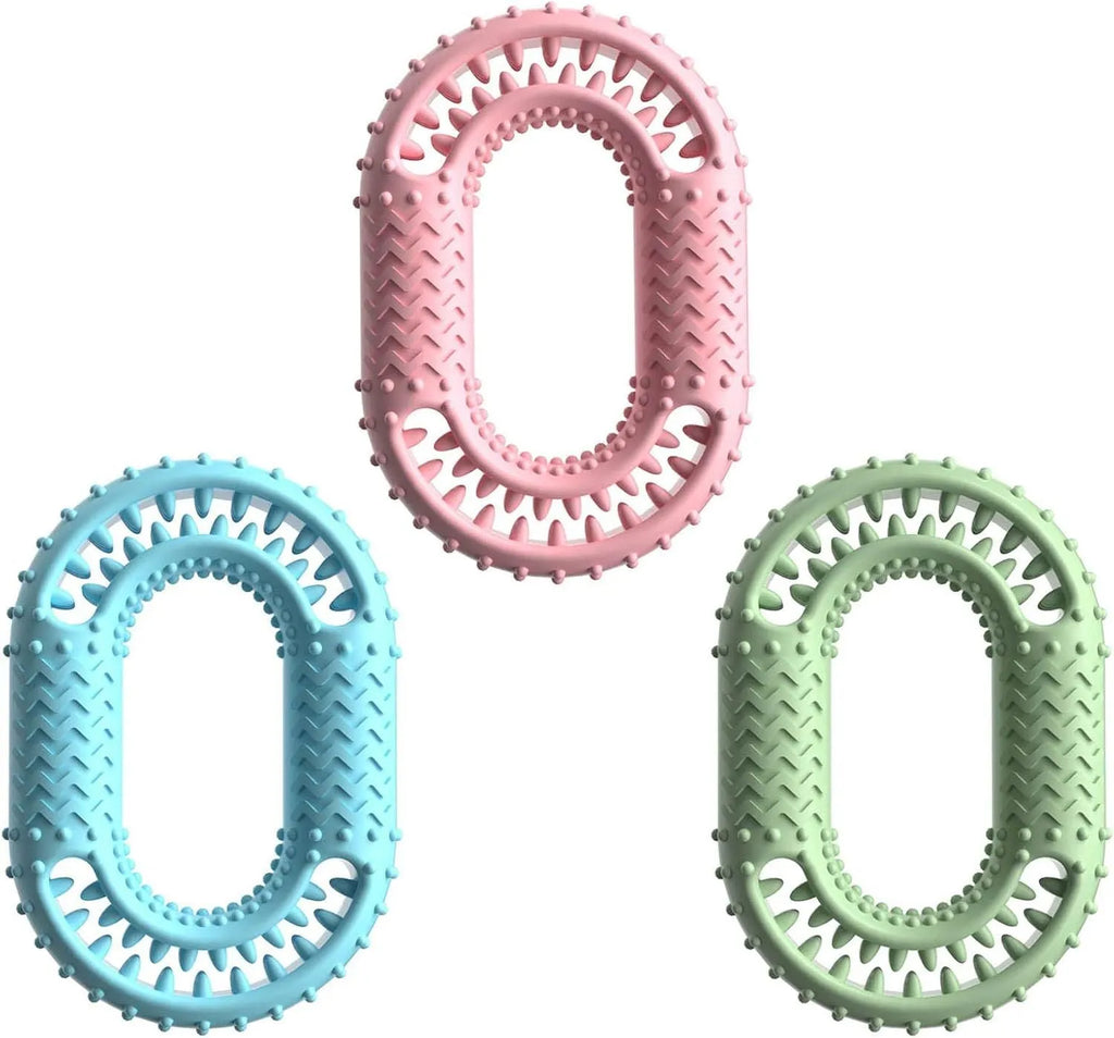 Blue green pink O-ring dog chewing toy for aggressive chewers measuring 12.5cm