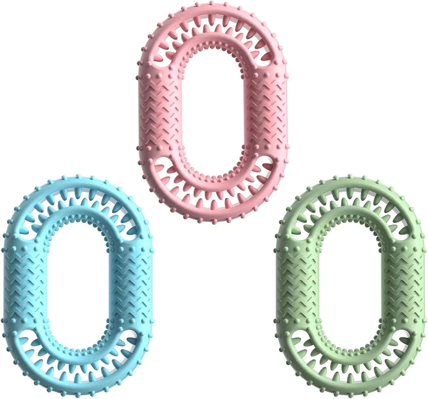 Blue green pink O-ring dog chewing toy for aggressive chewers measuring 12.5cm