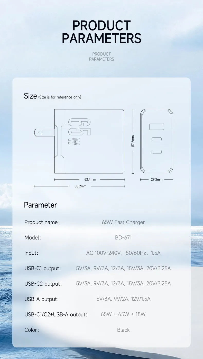65W GaN multi-port fast charger with two USB-C and one USB-A output, black colour, British standard plug