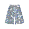 Cropped camouflage denim work trousers with straight leg cut and zipper fly closure