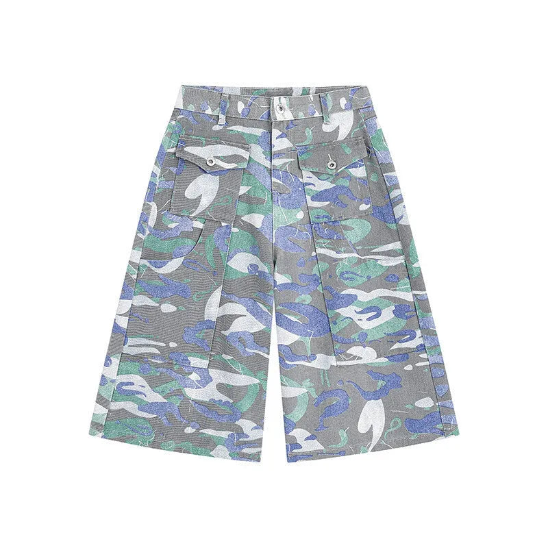 Cropped camouflage denim work trousers with straight leg cut and zipper fly closure