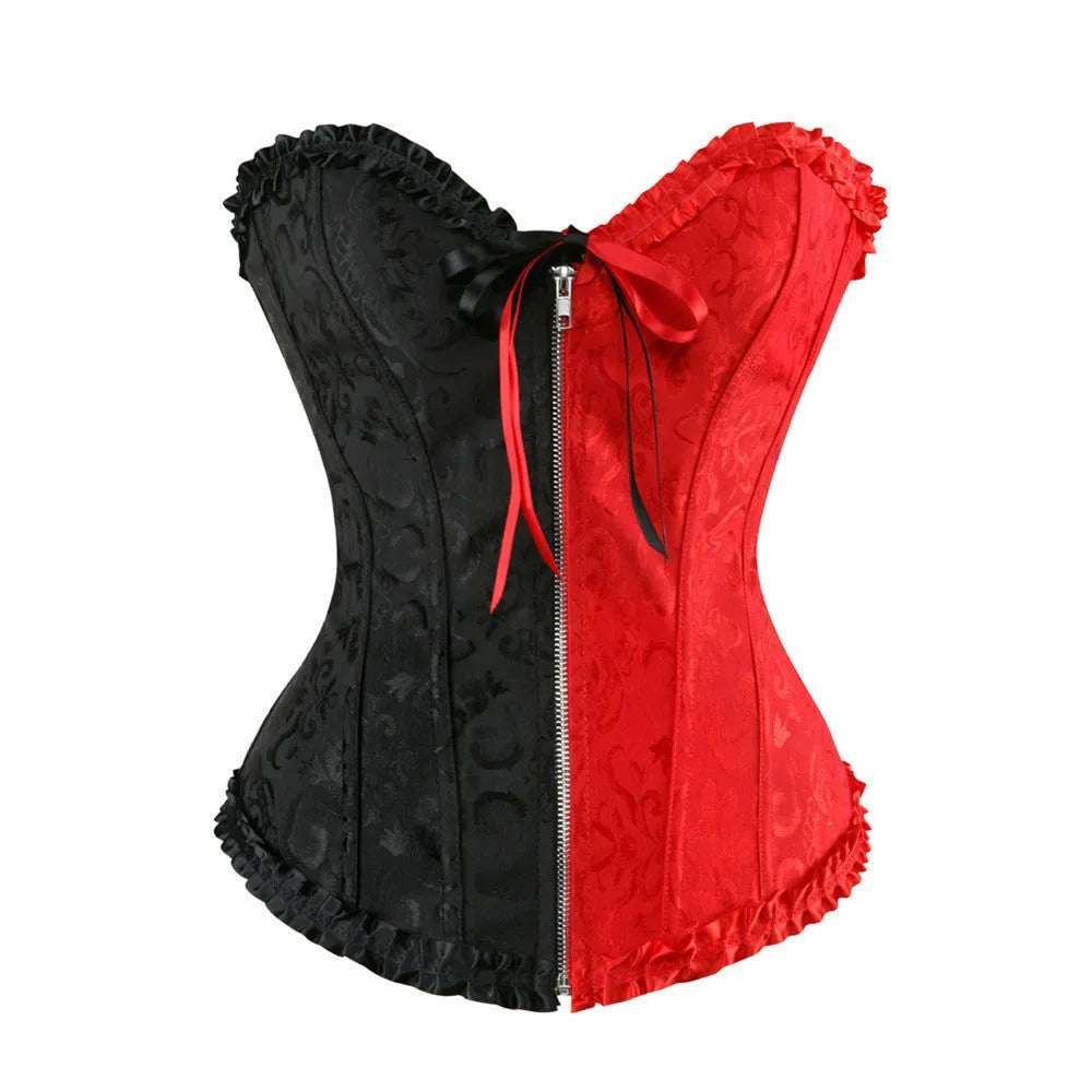 Women's black spandex jacquard corset with a front zip closure for waist support.