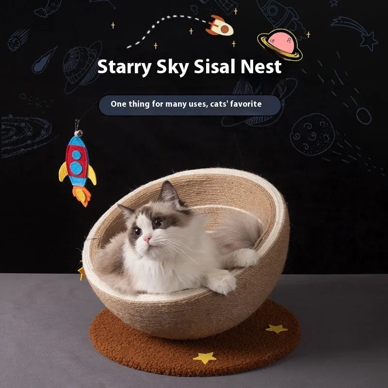Large integrated cat scratching post and flannel-lined basin bed in starlight sisal nest colour