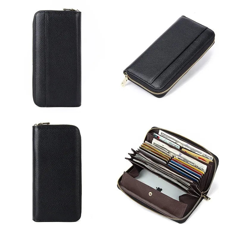 Long genuine leather women's wallet in a choice of six colours, showing large capacity and anti-theft card feature.