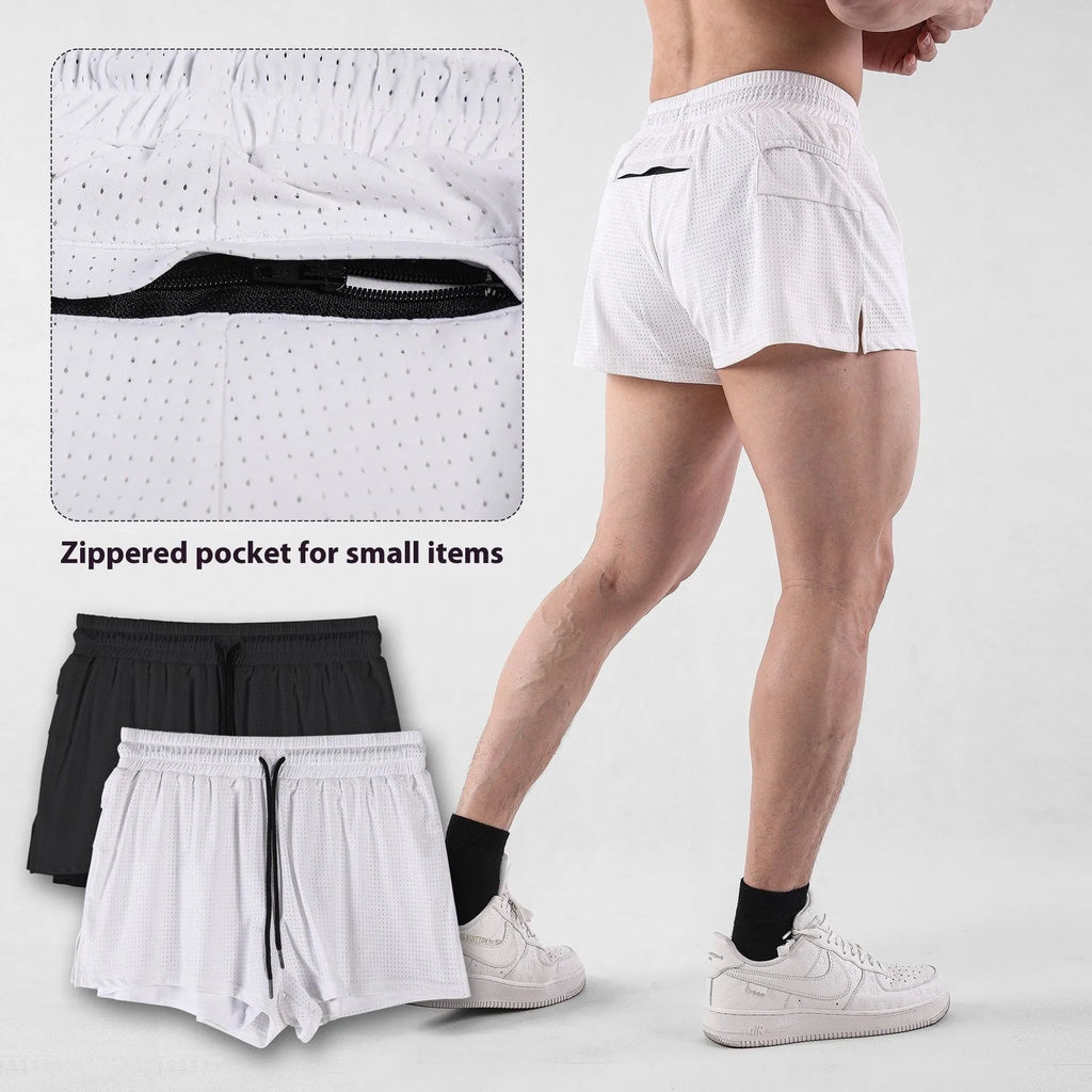 Men's black quick-drying nylon summer shorts on a mid-waist fit model.