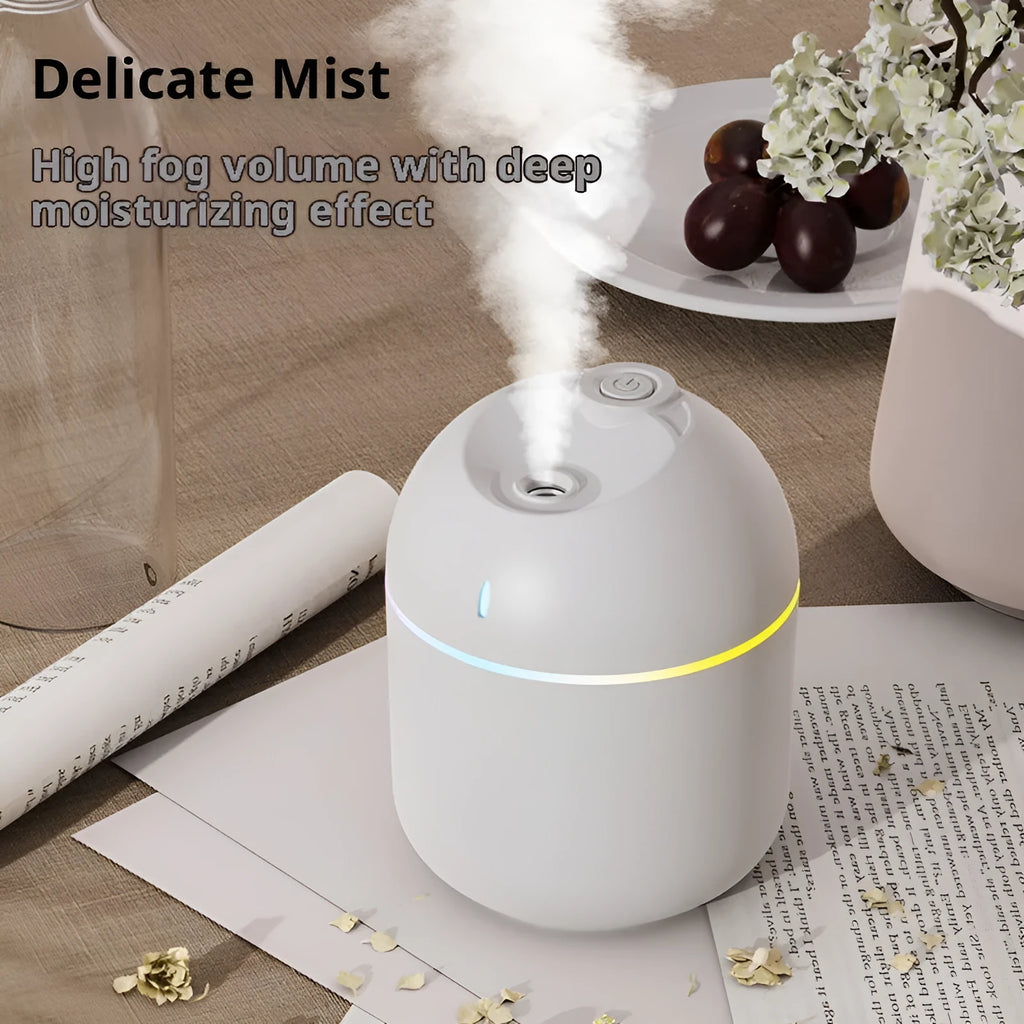 USB mini humidifier with colour light and water drop design in white plastic