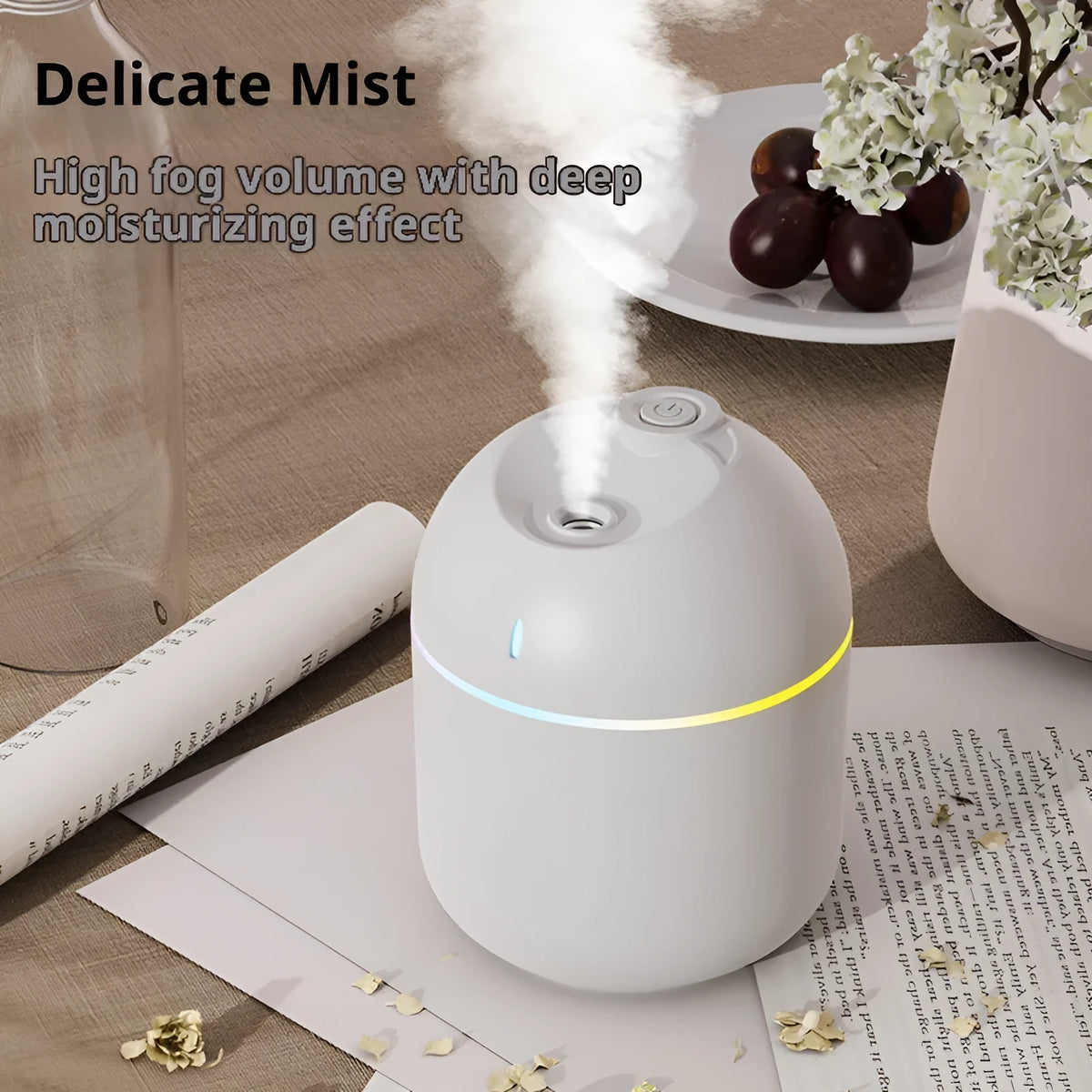 USB mini humidifier with colour light and water drop design in white plastic