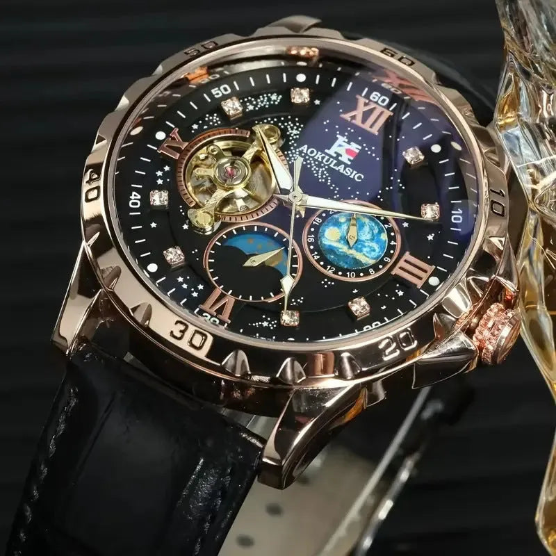 Men's black skeleton automatic watch with rose gold case and brown leather strap.