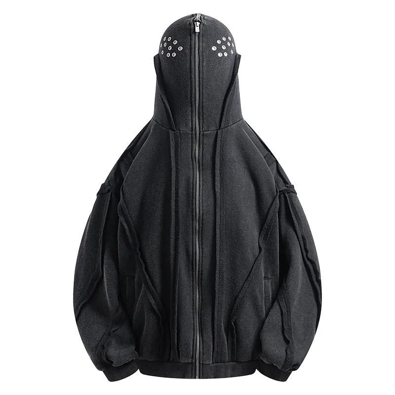 A black loose-fit men's padded coat with a hood, front zip, and abstract pattern.
