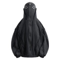 A black loose-fit men's padded coat with a hood, front zip, and abstract pattern.