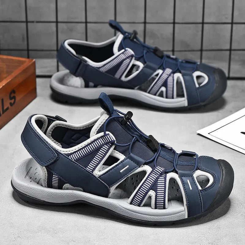 Men's summer outdoor casual sports shoes with breathable mesh upper and rubber sole, LX01 Blue, Velcro fastening