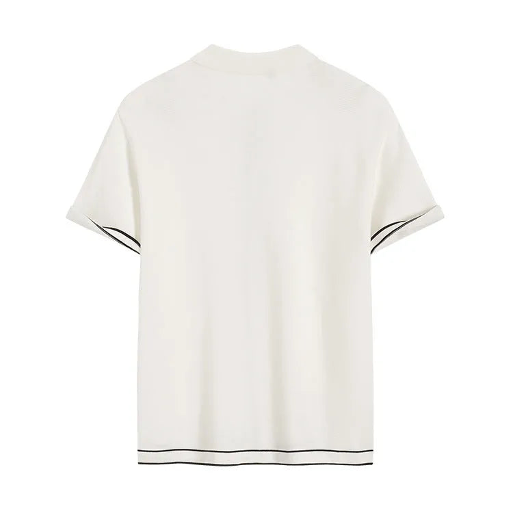 White short sleeve cardigan with contrasting lapels laid flat