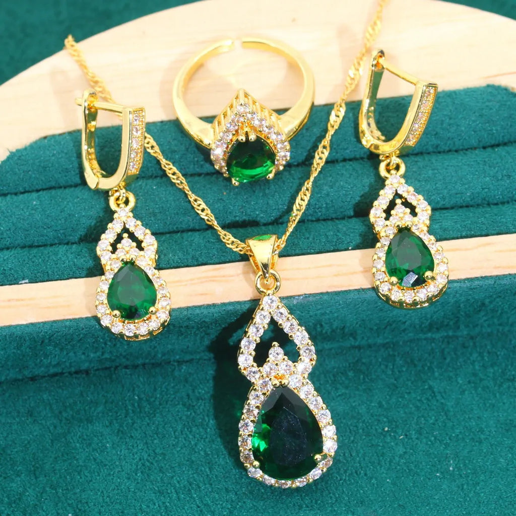 Bridal jewellery set copper inlaid zircon retro design green colour earrings ring necklace bracelet