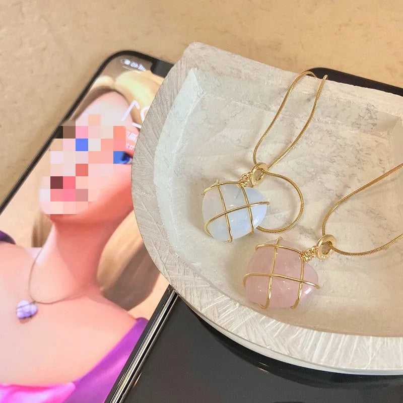 Fashion moonstone heart necklace with electroplated gold finish, adjustable chain, Barbie opal colour
