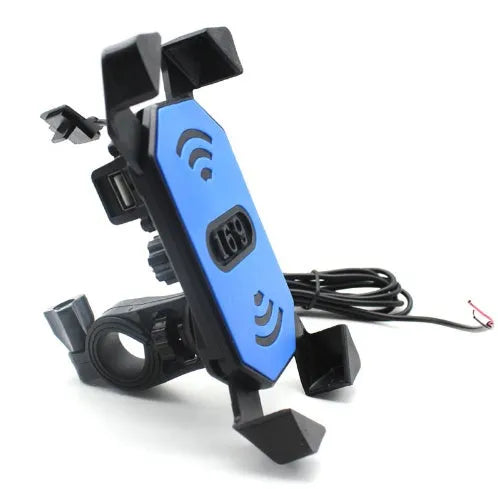 Black motorcycle phone holder with adjustable clamp and USB charging port mounted on handlebars