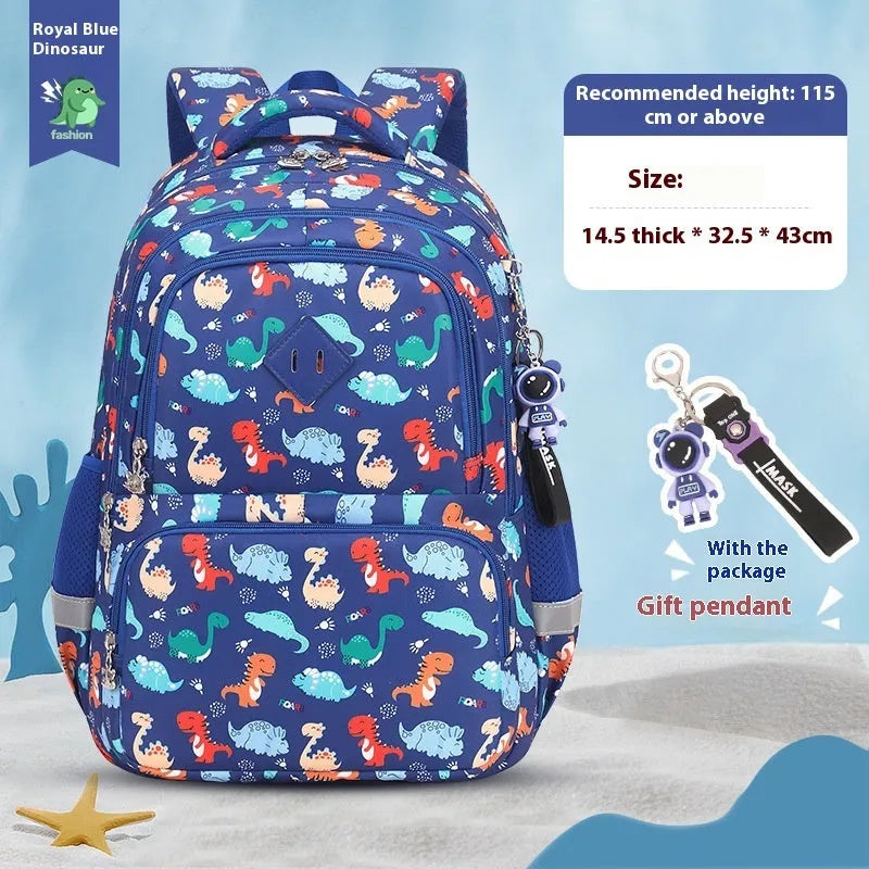 Blue children's Oxford cloth backpack with dinosaur print and curved shoulder straps.