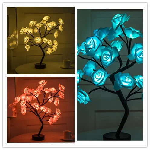 White and red rose flower LED table lamp with bonsai tree lights on a table.