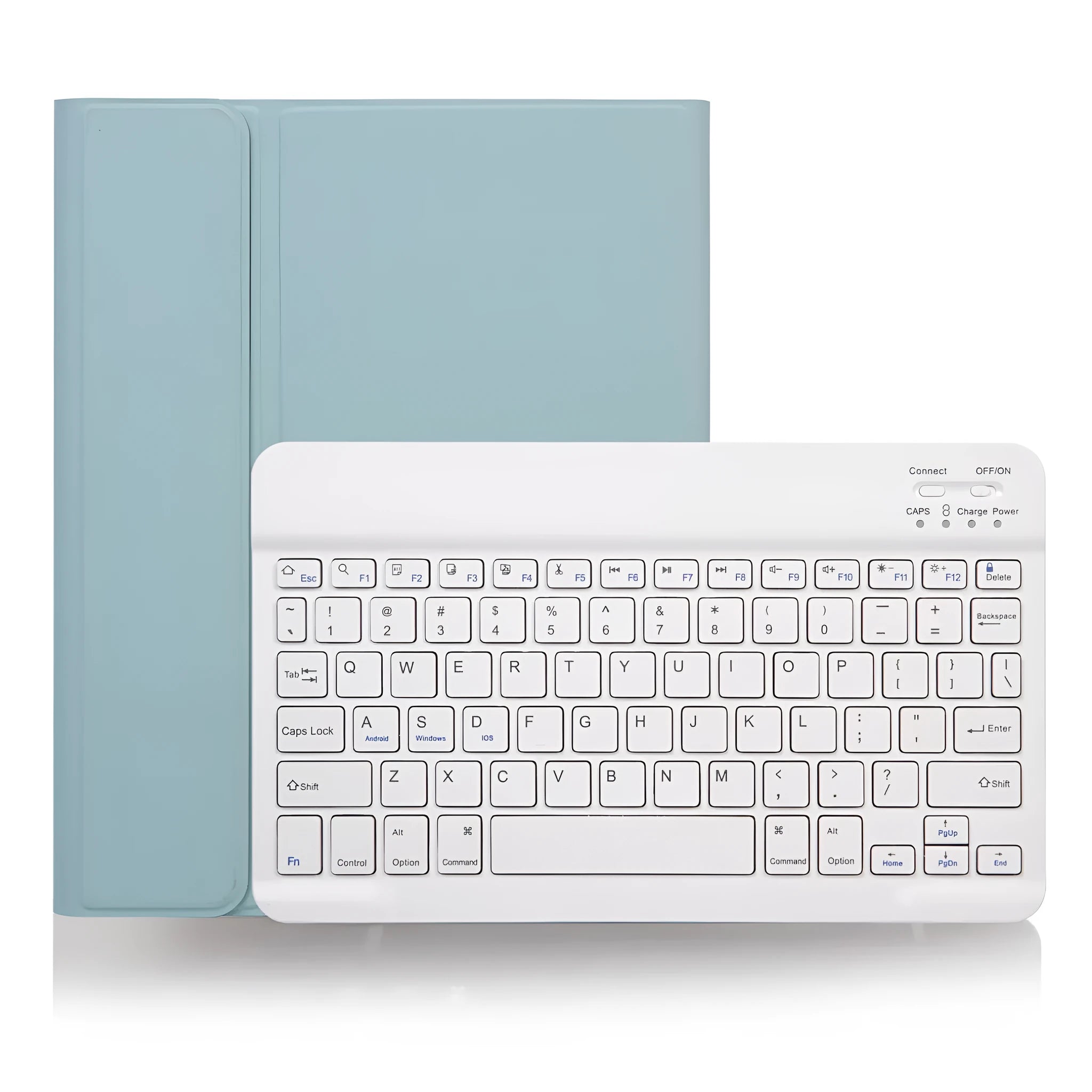 Bluetooth keyboard stored inside its matching leather case in a choice of four colour options.