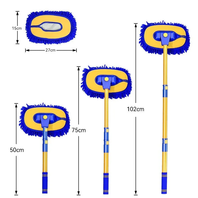 Telescopic curved car cleaning brush with aluminium chenille head in blue and yellow colour options