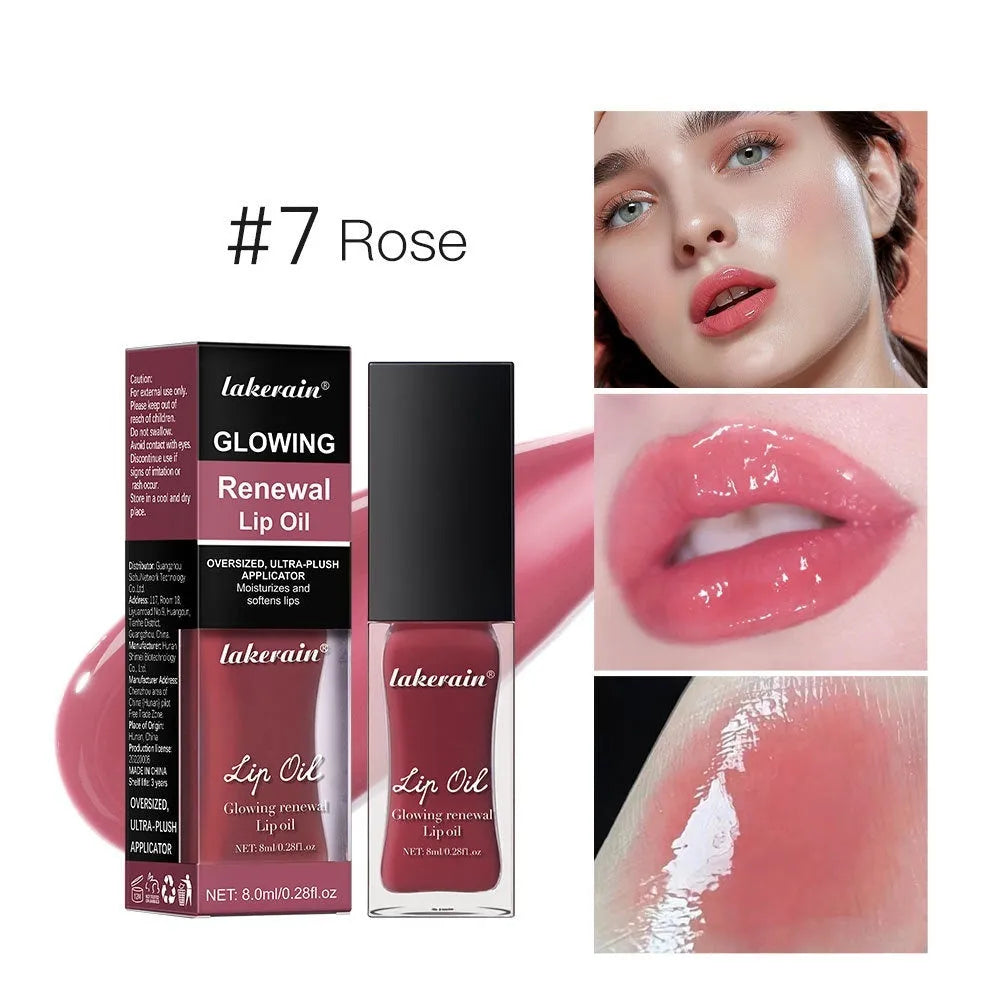 Lip gloss tube in one of seven colours: coral, clear, honey, jam, pink, red, or rose.