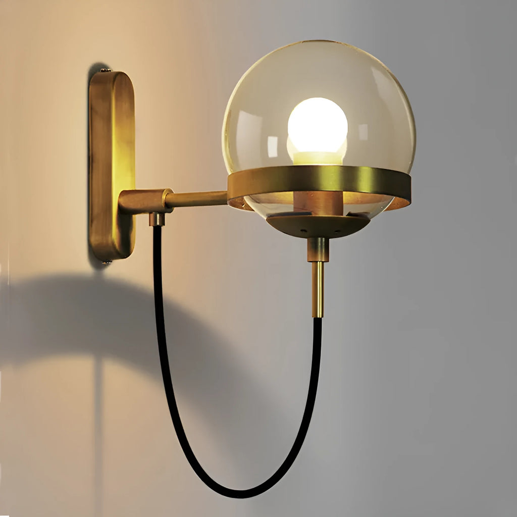 Modern retro LED wall lamp with glass shade in black colour, push button switch, Nordic postmodern style