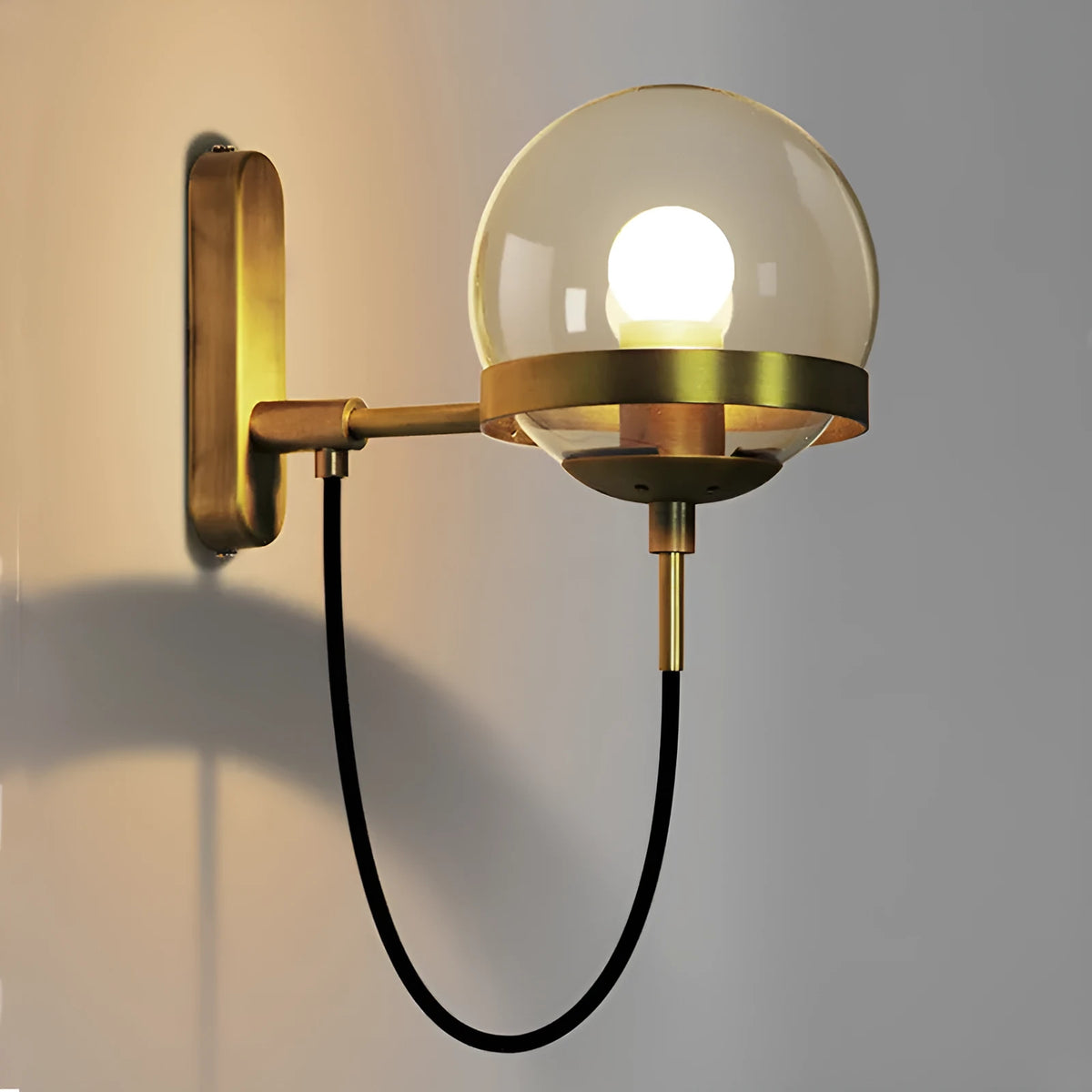 Modern retro LED wall lamp with glass shade in black colour, push button switch, Nordic postmodern style