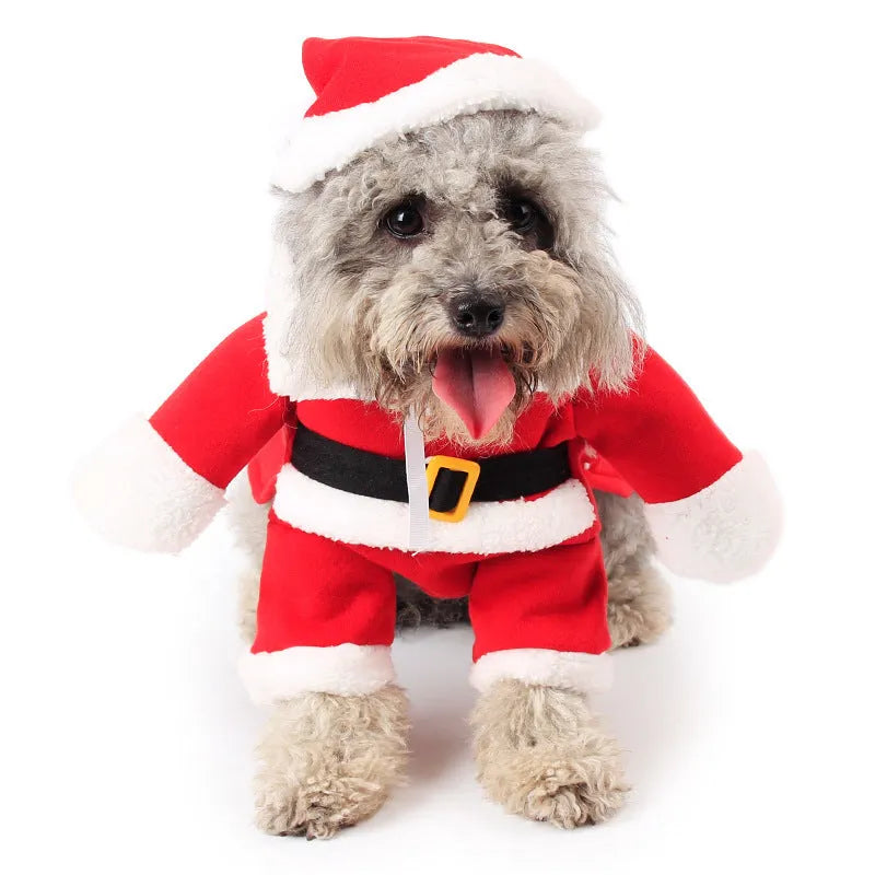 Red polar fleece pet Santa costume for dogs and cats in standing design with England-style pattern
