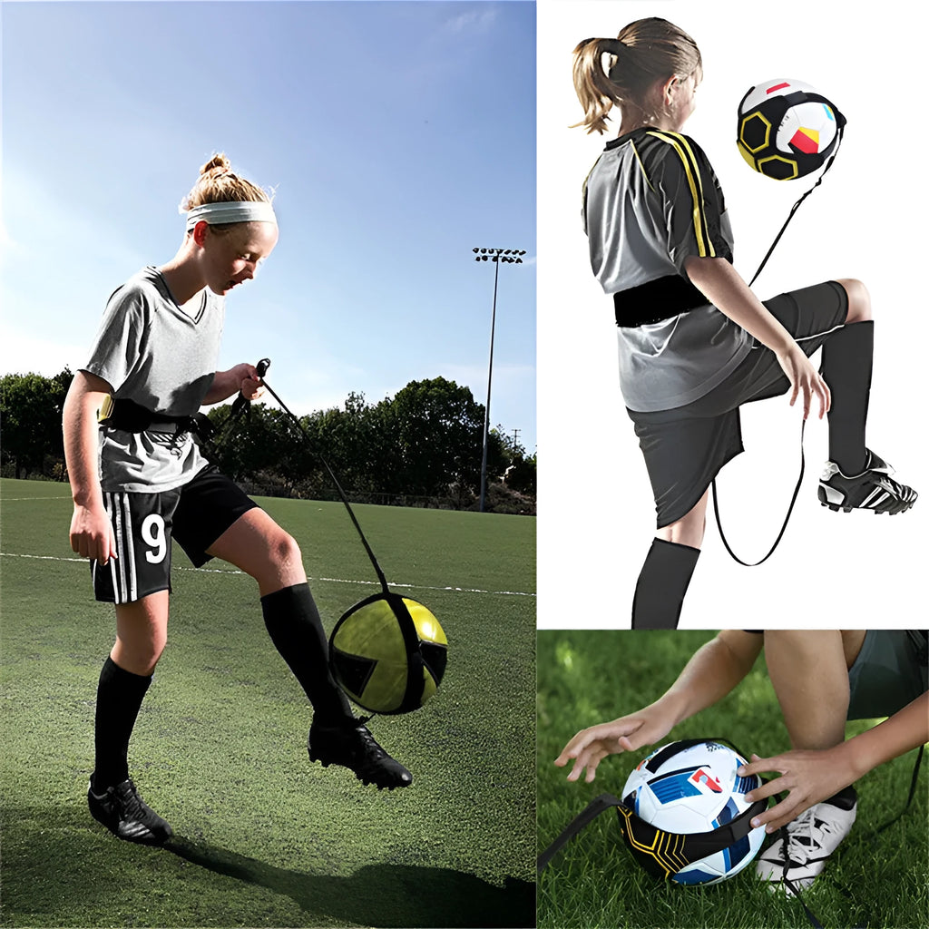Black soccer training tether with adjustable waist belt and elastic Velcro strap on a green grass field