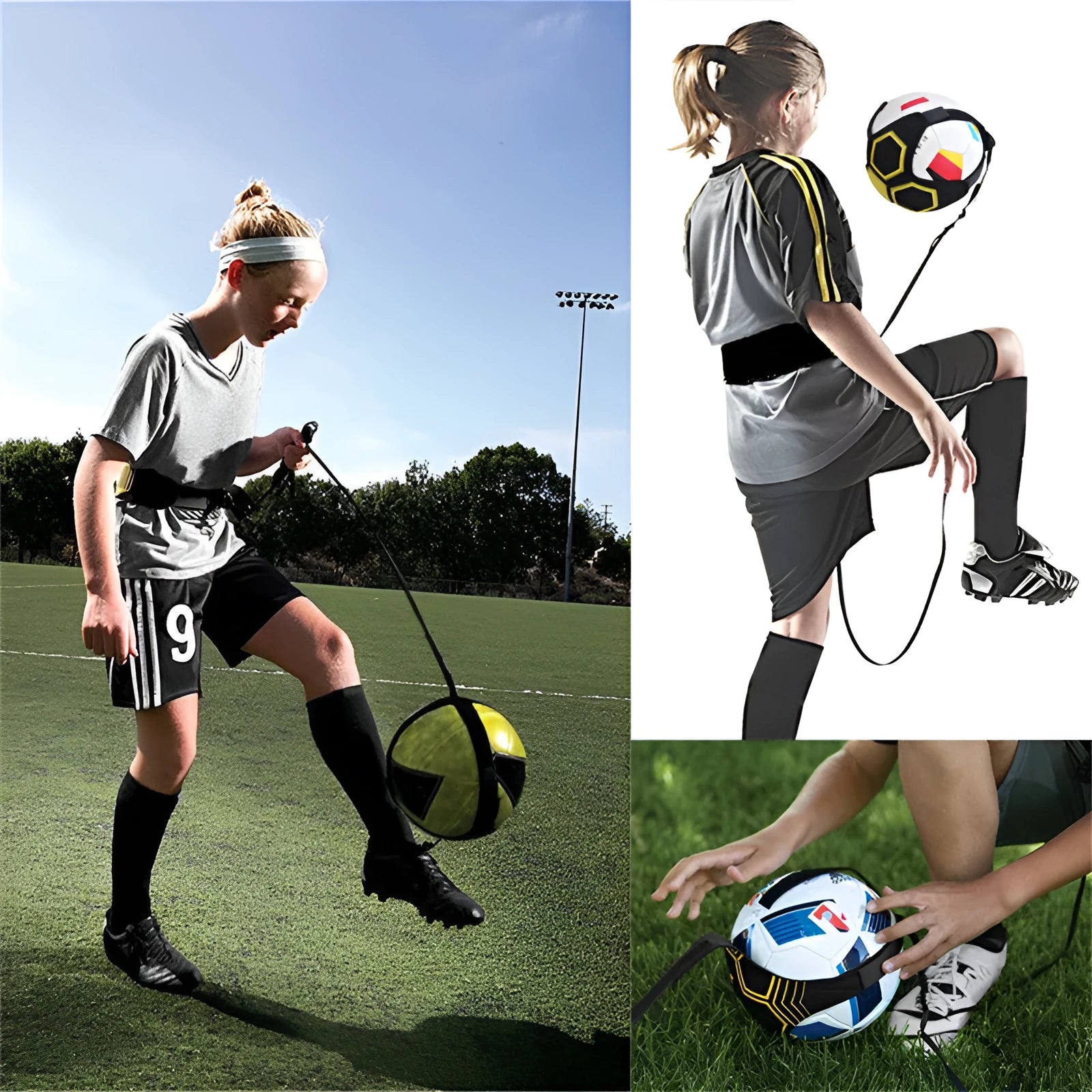 Black soccer training tether with adjustable waist belt and elastic Velcro strap on a green grass field