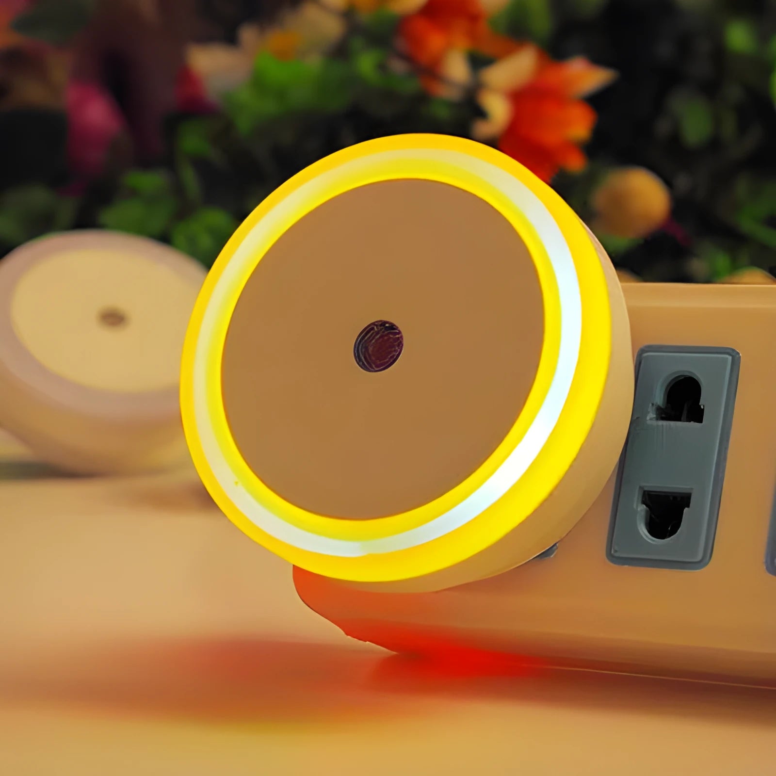 Round halo LED induction nightlight in blue, red, white, and yellow for market stalls.