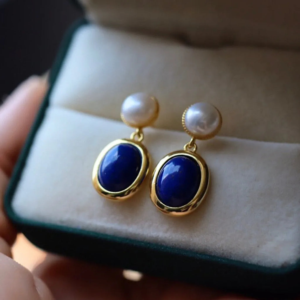 925 silver lapis lazuli pearl stud earrings with auspicious patterns