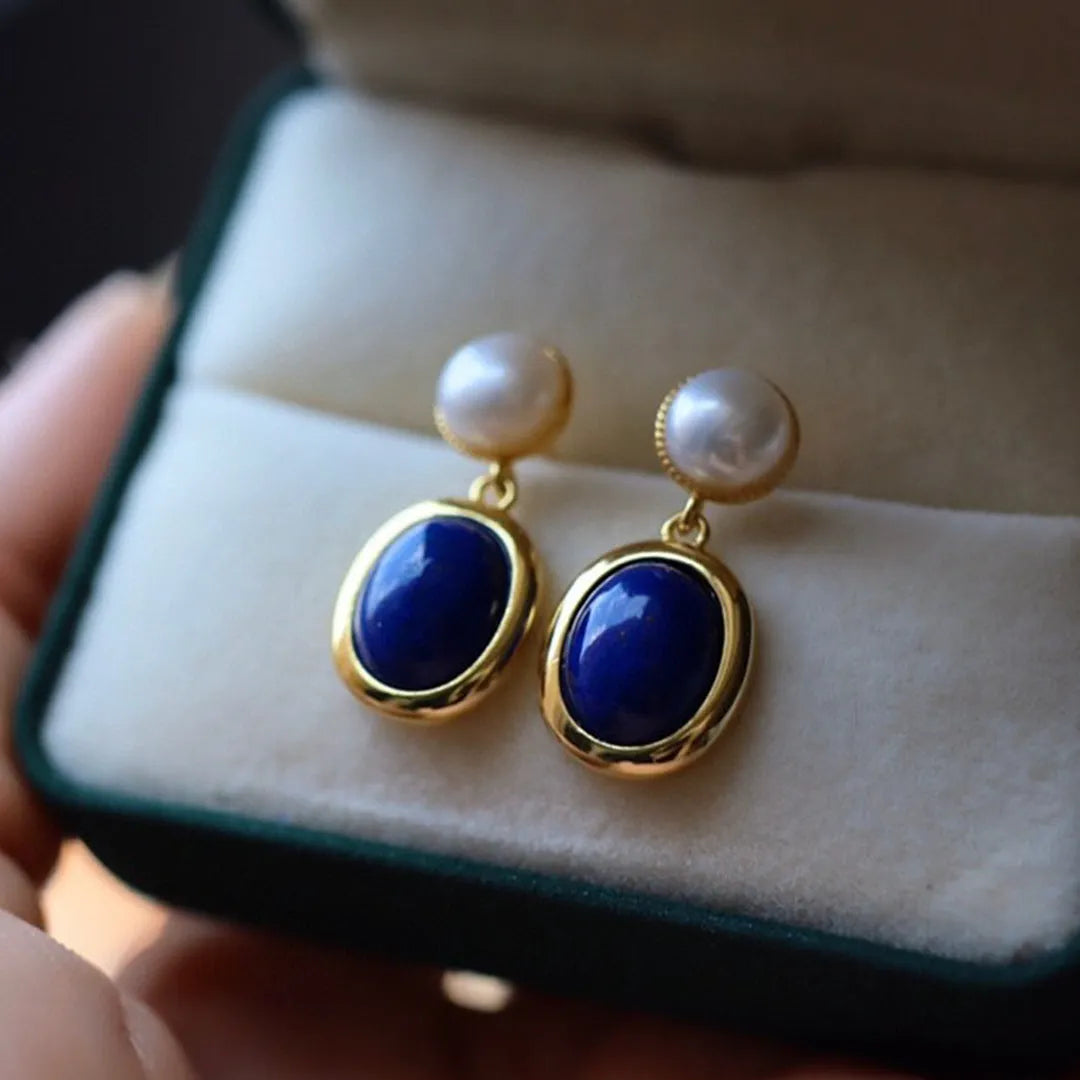 925 silver lapis lazuli pearl stud earrings with auspicious patterns