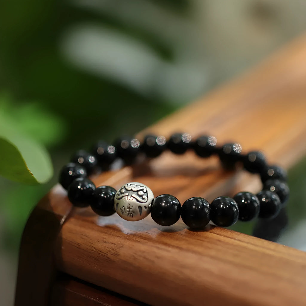 Black agate and sterling silver bracelet with 10mm beads and Chinese style design