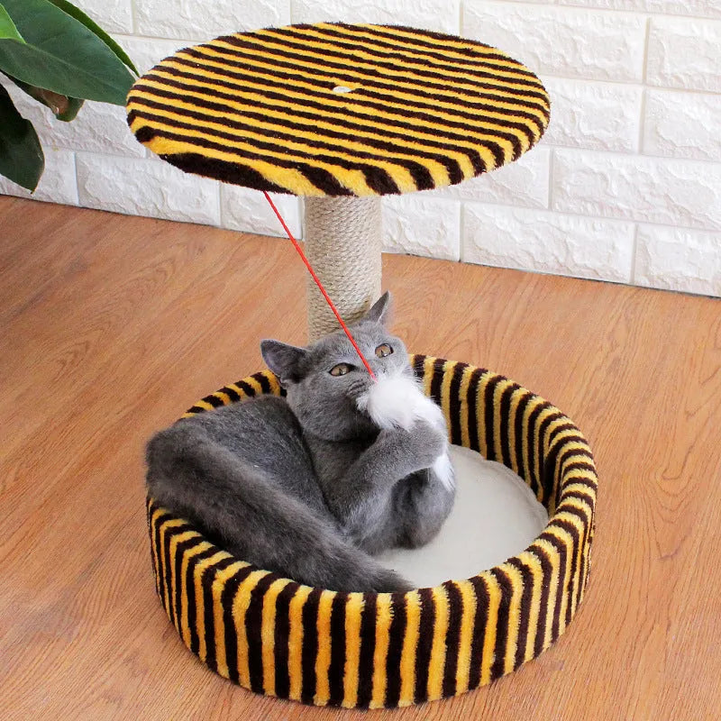 Small cat tree with plush cave and sisal scratching posts in beige, with top platform for jumping
