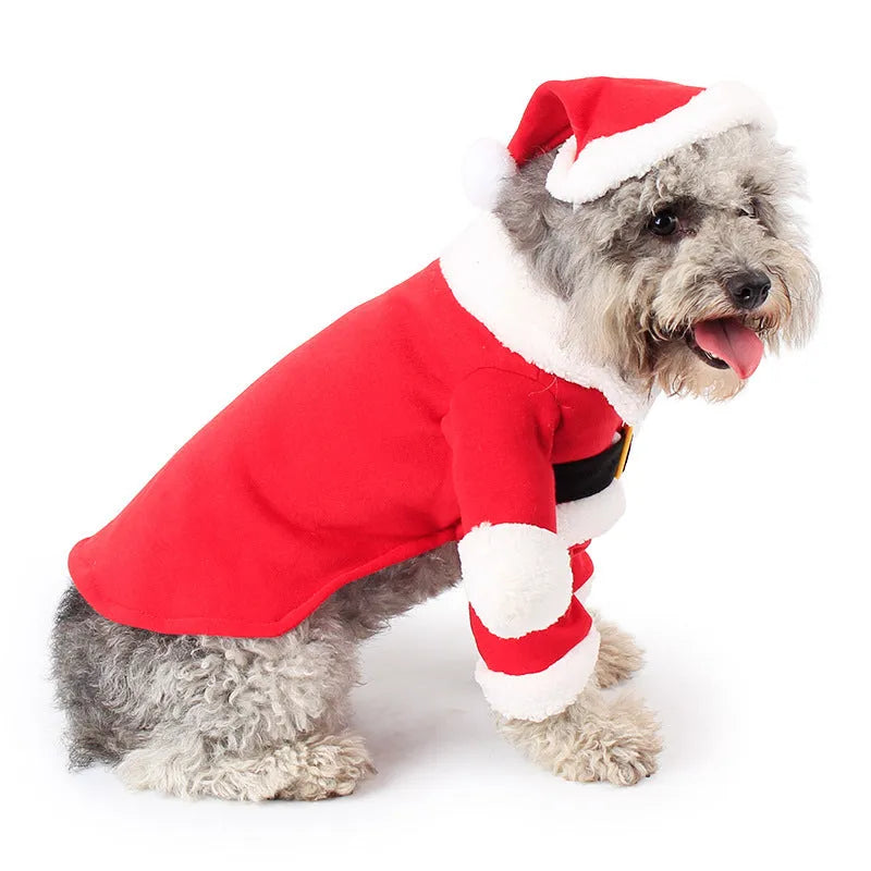 Red polar fleece pet Santa costume for dogs and cats in standing design with England-style pattern