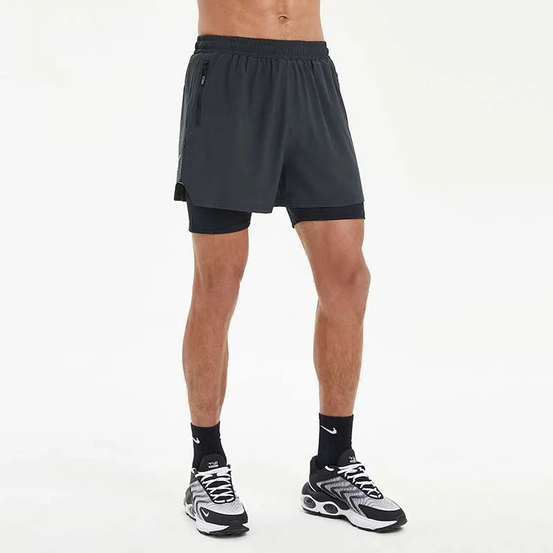 Men's black running shorts with built-in liner and high elastic waistband for summer fitness