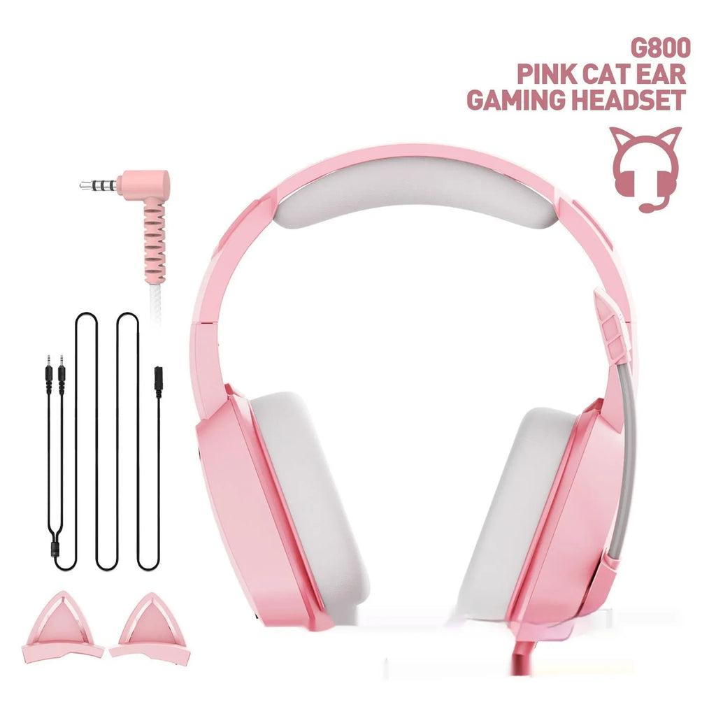 Pink G800 headworn wired earphones with braided cable and 3.5mm L-shaped plug
