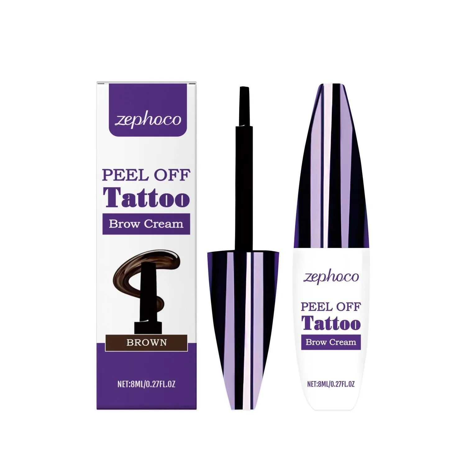 Tearable liquid eyebrow pencil with brush applicator in black, brown, and light brown colours