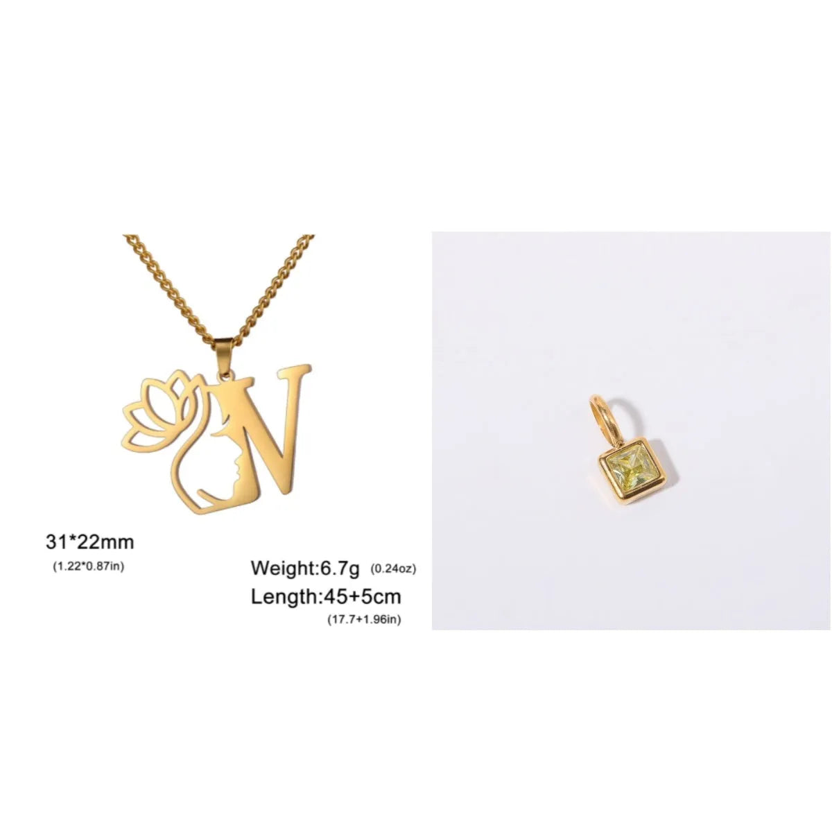 Stainless steel necklace with cross chain and a single initial pendant in a gold or silver finish.