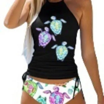 Women's brief swimsuit with a colourful cartoon print, shown in a conservative cut for swimming.