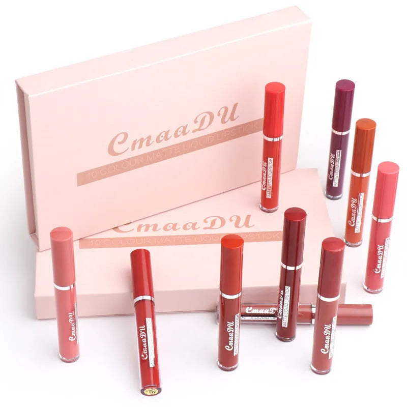 10-pack women's matte lipstick set in waterproof non-stick formula with packaging showing dimensions