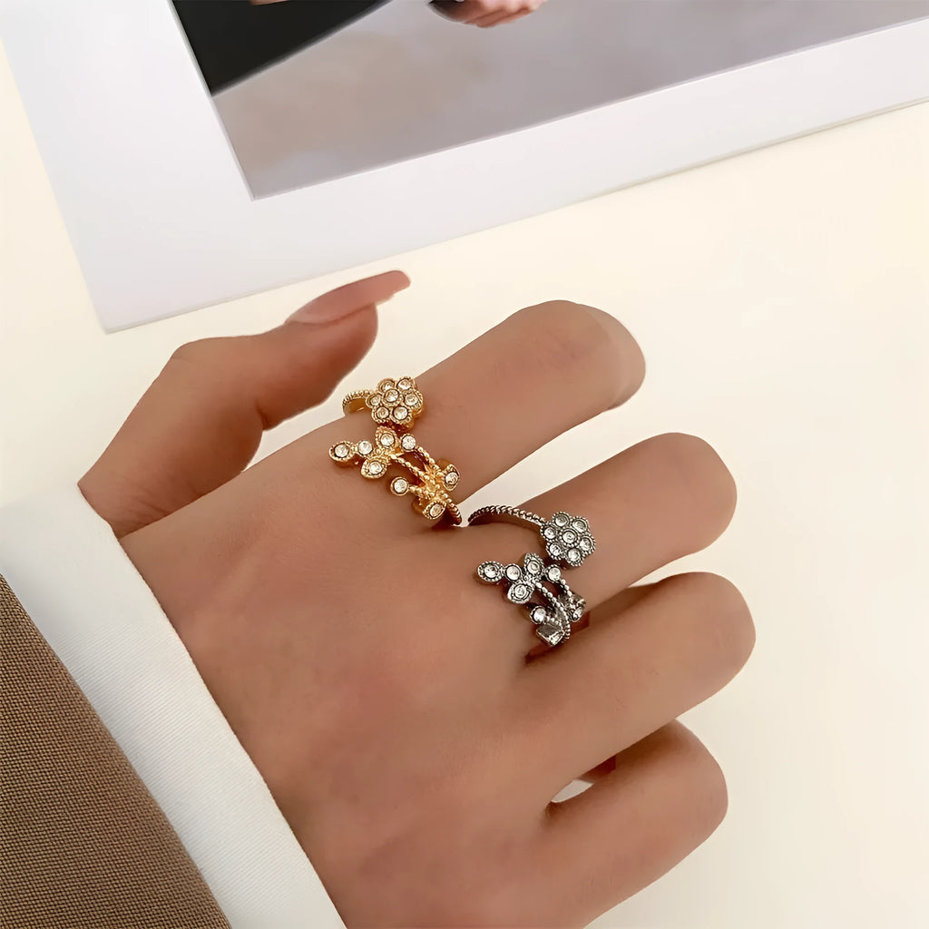 Gold diamond treated copper open ring with flower and leaf design for women