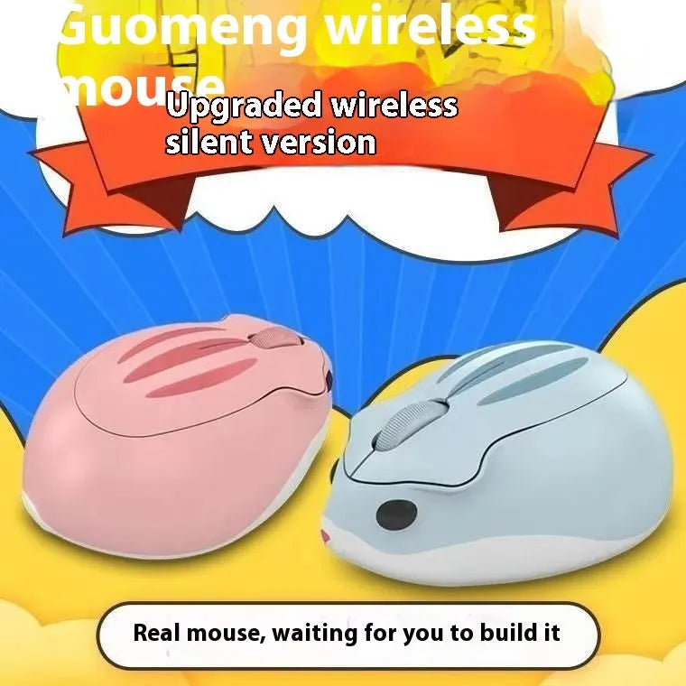 Hamster Wireless Bluetooth Mute Mouse in yellow, pink, or grey on a laptop.