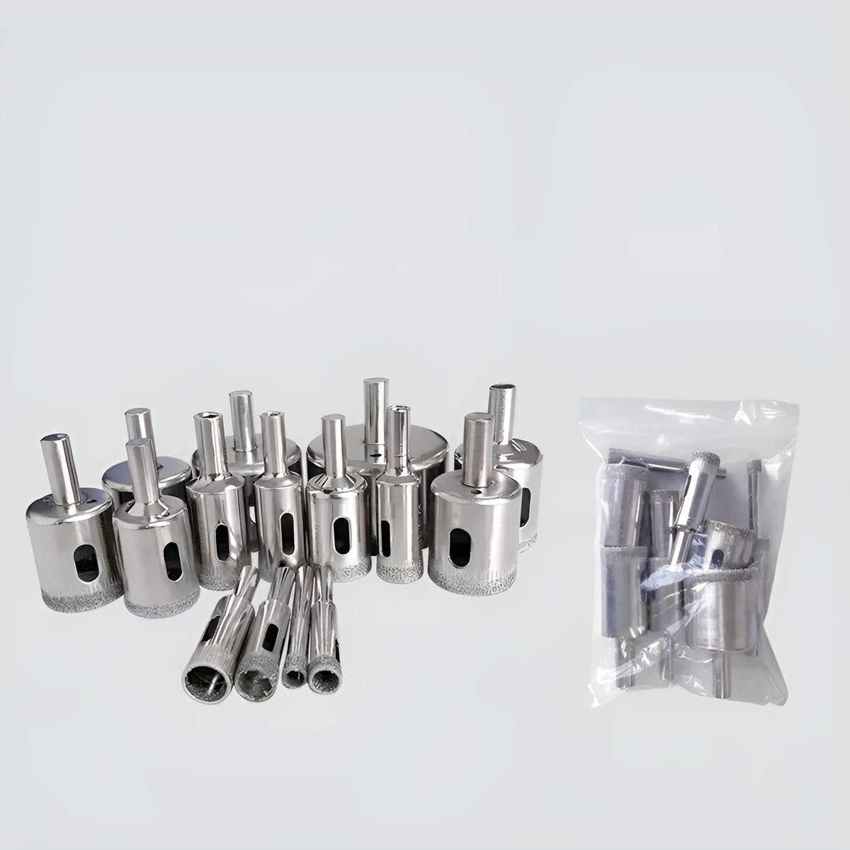 Electroplated tile rock plate drill bit set with one-piece steel construction, regular set options available